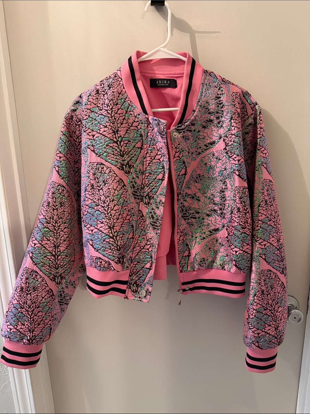 AKIRA Pink Floral-Leaf Bomber Jacket with Multicolor Accents